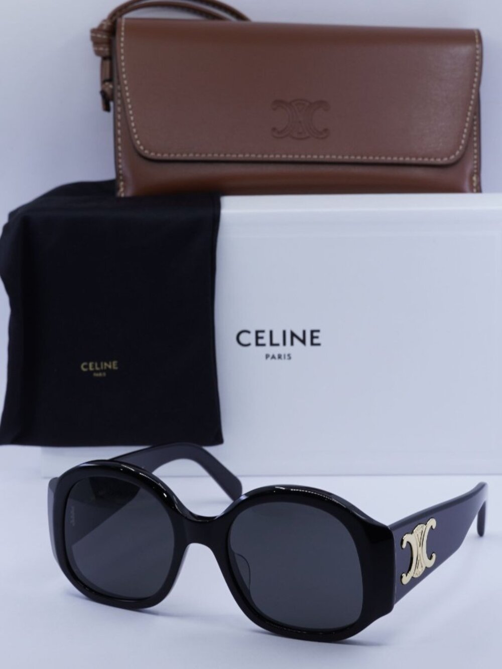 Celine CL40305U 01A Round Sunglasses - Shiny Black / Grey